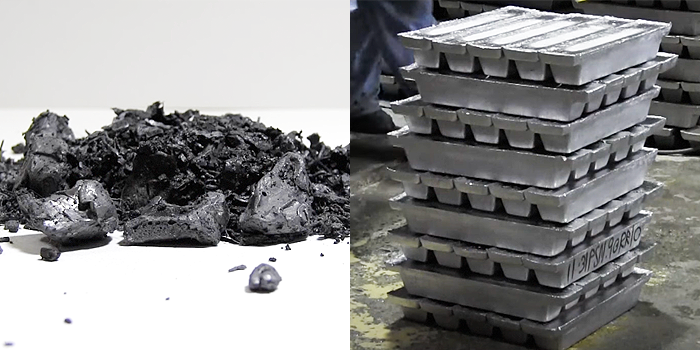Recycled lead from the lead battery recycling process.