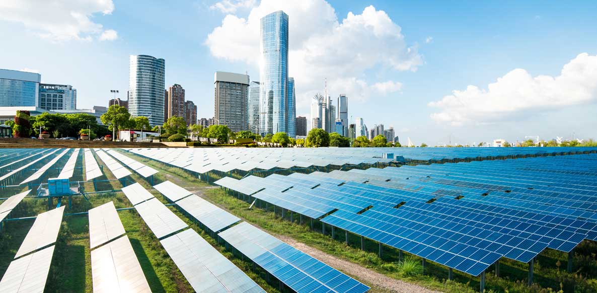 Solar panels powering a city using lead batteries