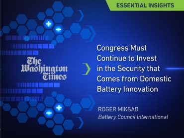 Blue graphic with copy teasing the Essential Insight article on the security from domestic battery innovation.