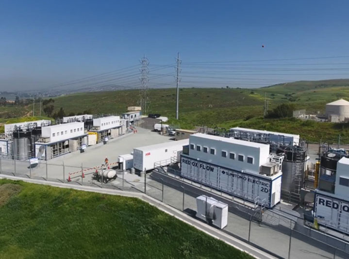 Redox flow battery (RFB) system installed in California as part of a microgrid serving residential and commercial customers.