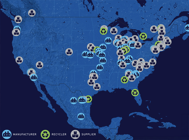 Map of BCI member company manufacturers, recyclers and suppliers in North America.