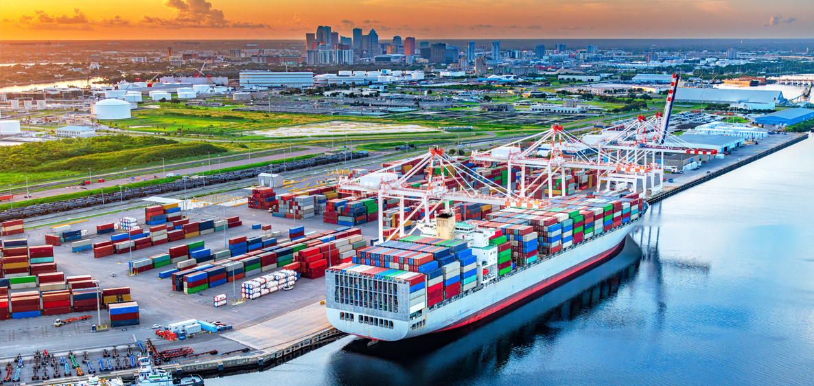 Busy shipping port, featuring a large cargo ship loaded with shipping containers. Towering cranes are actively loading and unloading containers, with a city skyline visible in the background.