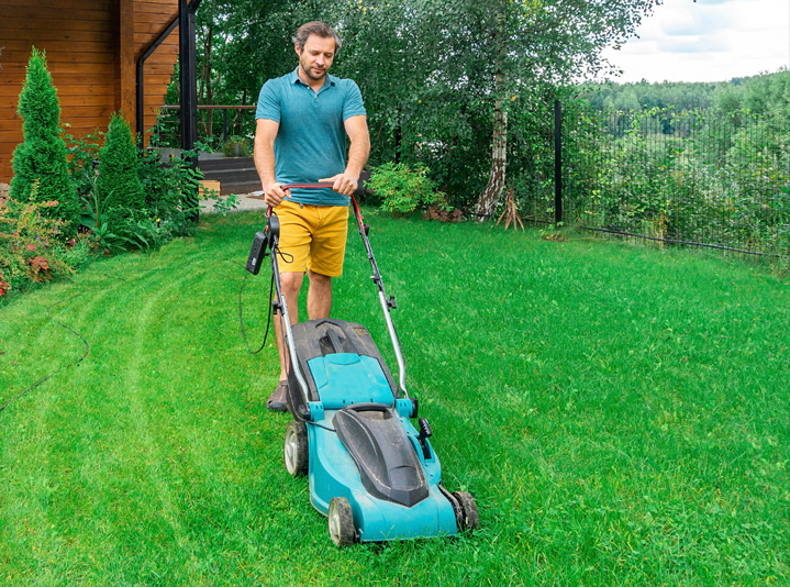 Electric lawn mower powered by a lithium battery.