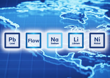 Blue graphical background of a globe with squares for battery chemistries.