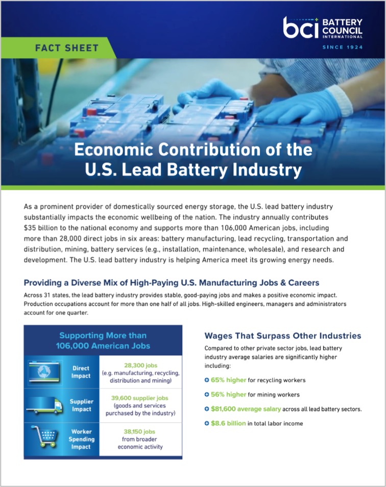 BCI economic contribution of the U.S. lead battery industry fact sheet thumbnail.