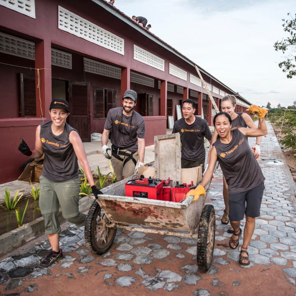 Twende Solar installation team in Cambodia Rolls' batteries being used in installation in Cambodia.