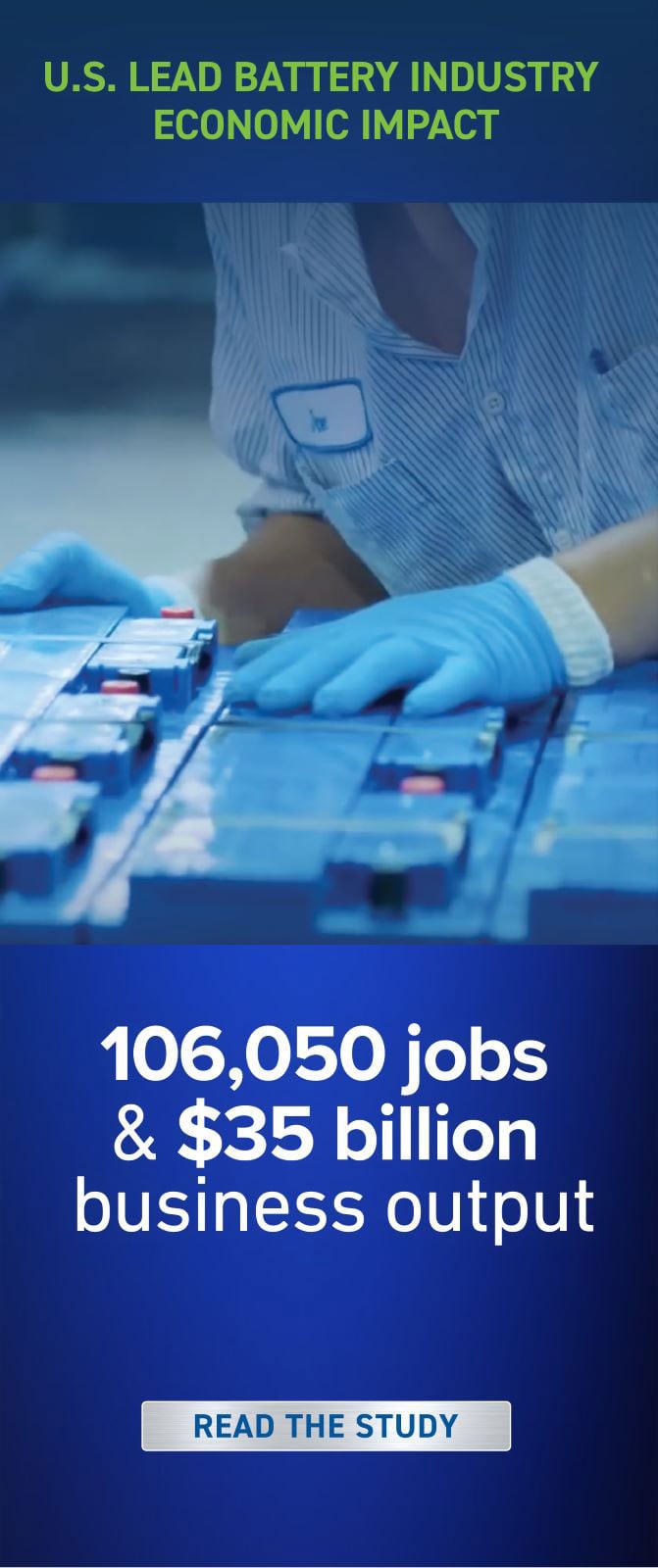 U.S. lead battery industry economic impact includes 106,050 jobs and $35 billion in business output.